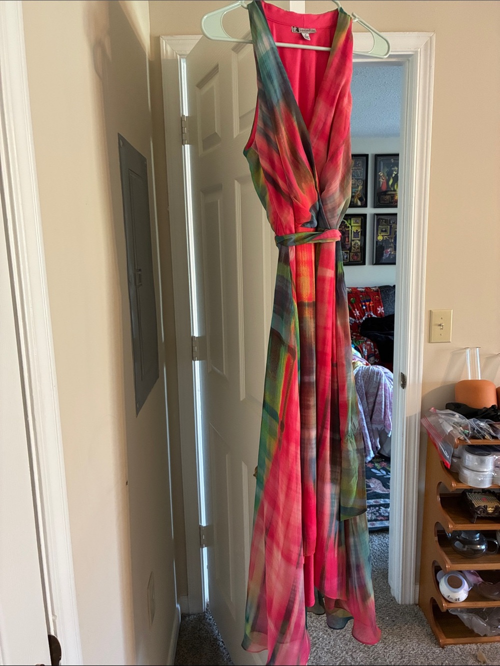 Leslie Fay Multicolor Asymmetrical Chiffon Wrap Dress - Pink, Green, Blue